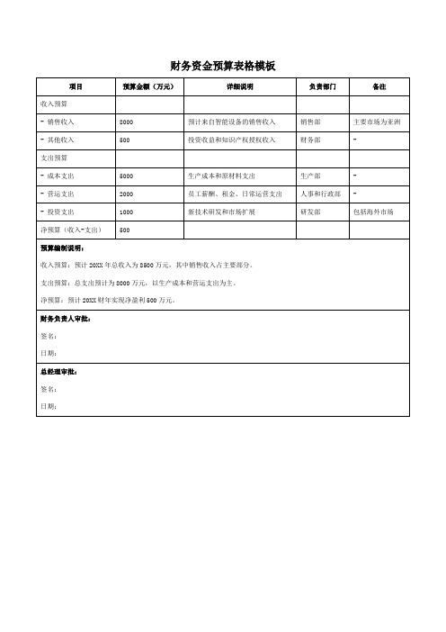 财务资金预算表格模板