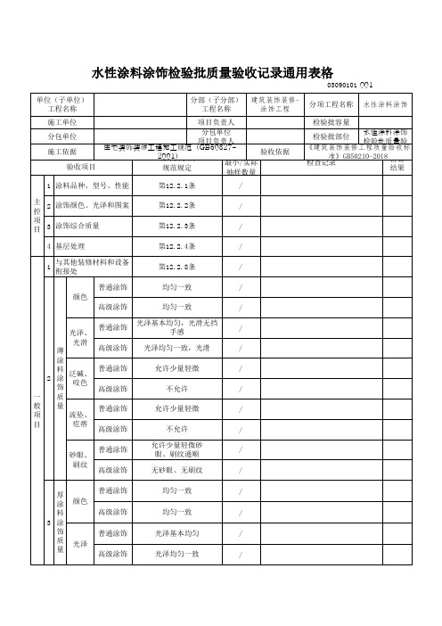 水性涂料涂饰检验批质量验收记录通用表格