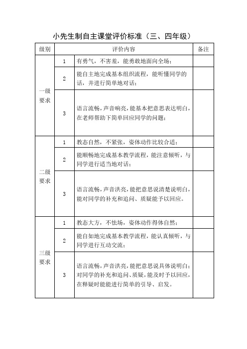 小先生制自主课堂评价标准(三、四年级)