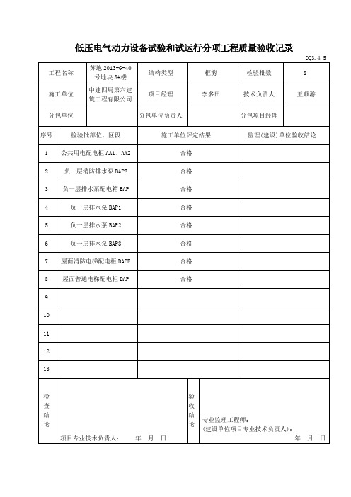 DQ3.4.5低压电气动力设备试验和试运行分项工程质量验收记录