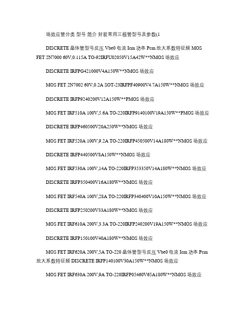 常用全系列场效应管 MOS管型号参数封装资料.