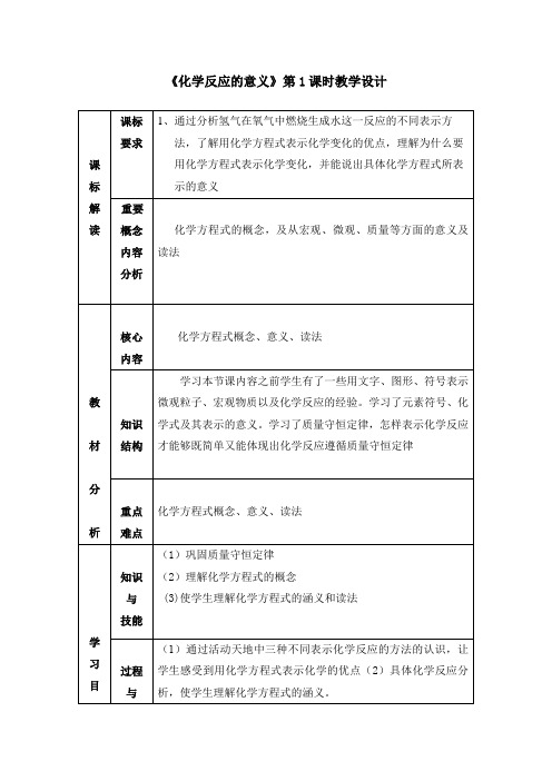 初中化学_化学反应的表示第一课时教学设计学情分析教材分析课后反思