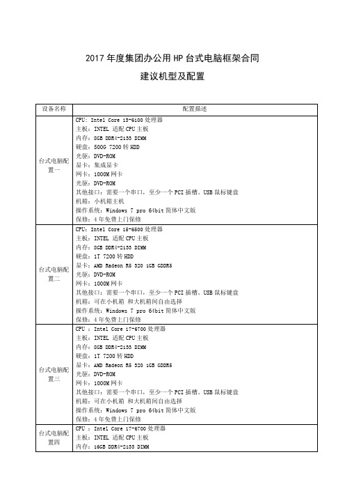 2017年度集团办公用HP台式电脑框架合同