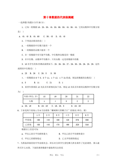 数学：第十章数据的代表单元测试(鲁教版七年级下)【教案】