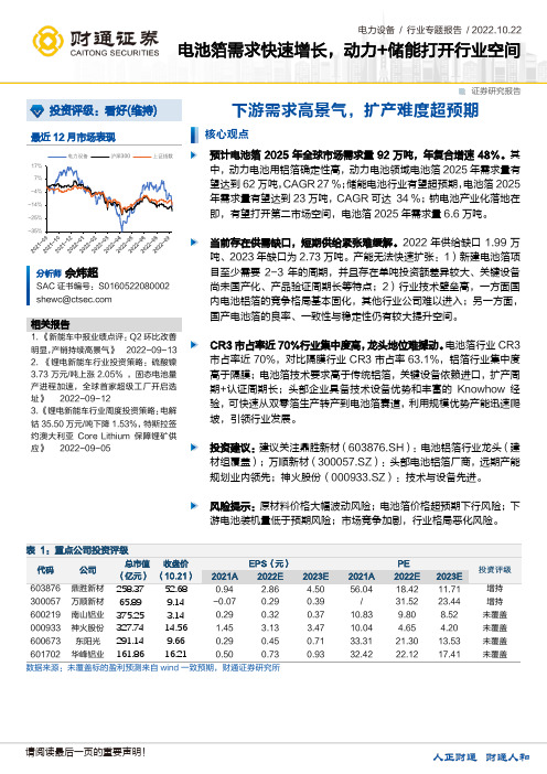 电力设备行业专题报告：电池箔需求快速增长，动力+储能打开行业空间