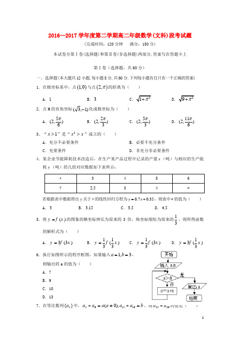 海南省文昌市2016_2017学年高二数学下学期期中段考试题文