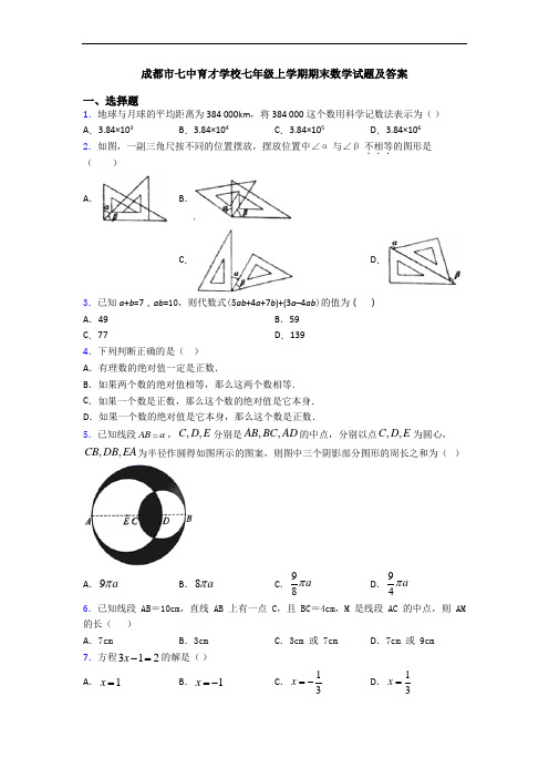 成都市七中育才学校七年级上学期期末数学试题及答案