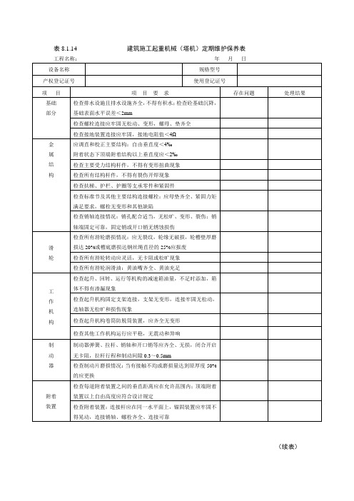 建筑施工起重机械(塔机)定期维护保养表