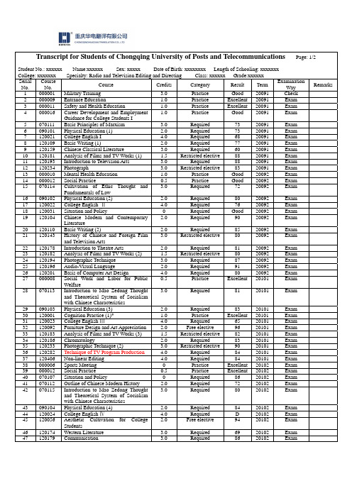 重庆邮电大学成绩单英文翻译模板