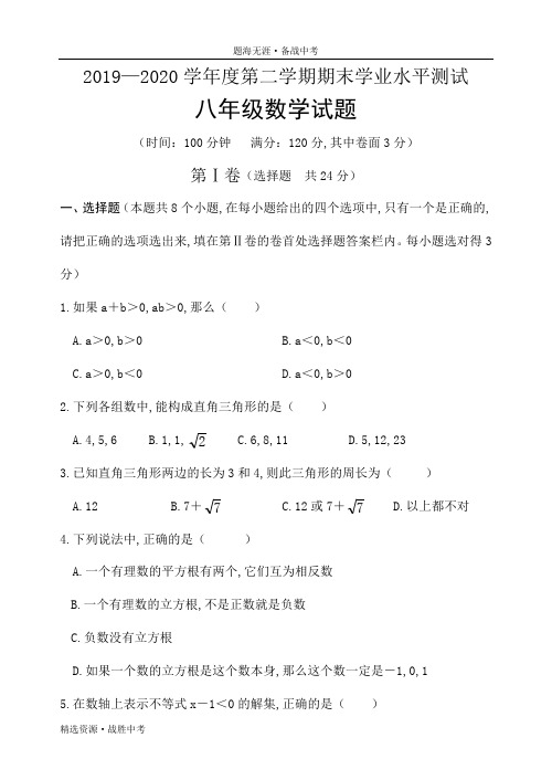 山东省2019-2020学年下学期八年级期末学业水平测试数学试题(含答案)