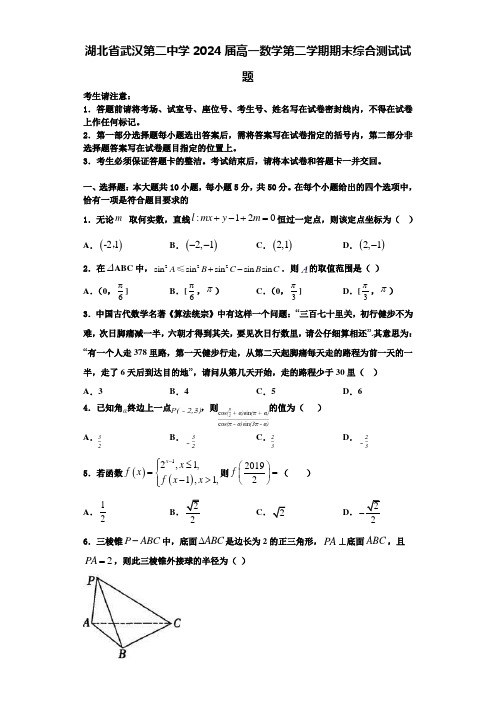 湖北省武汉第二中学2024届高一数学第二学期期末综合测试试题含解析