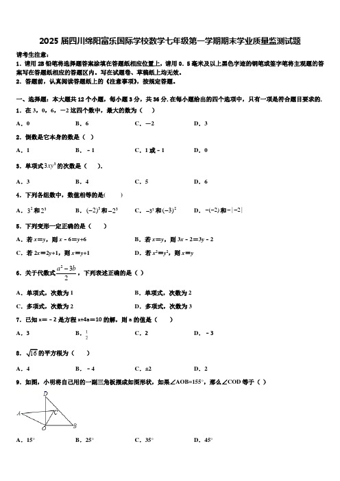 2025届四川绵阳富乐国际学校数学七年级第一学期期末学业质量监测试题含解析