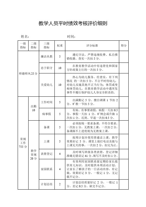 教学人员平时绩效考核评价细则