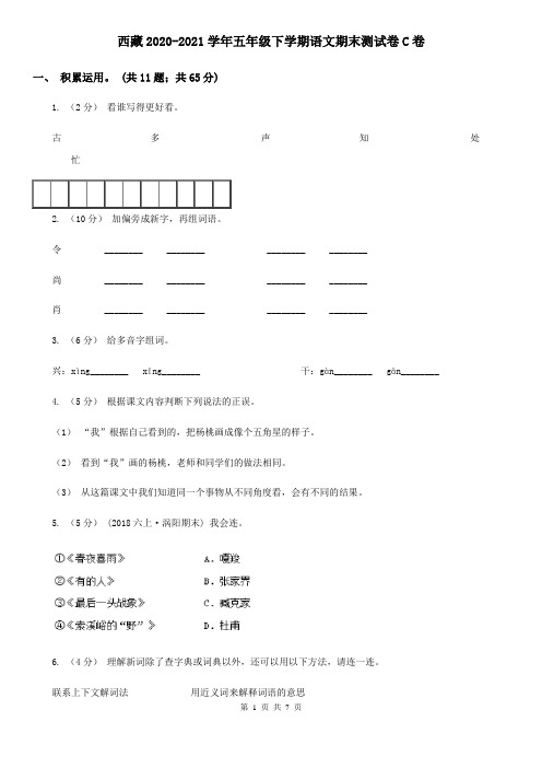 西藏2020-2021学年五年级下学期语文期末测试卷C卷(新版)