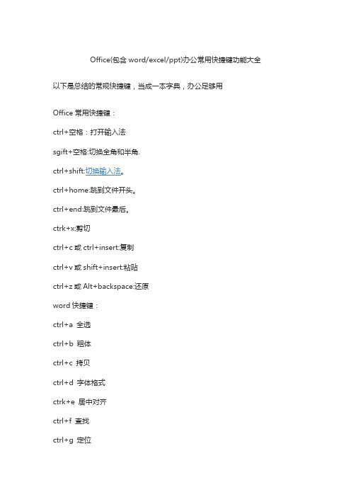 Office(包含word excel ppt)办公常用快捷键功能大全