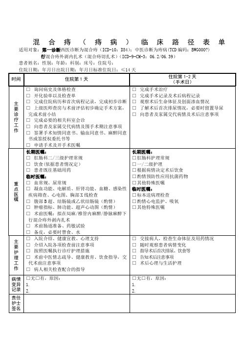 2016年临床路径表单(混合痔或痔病)中西医结合版本