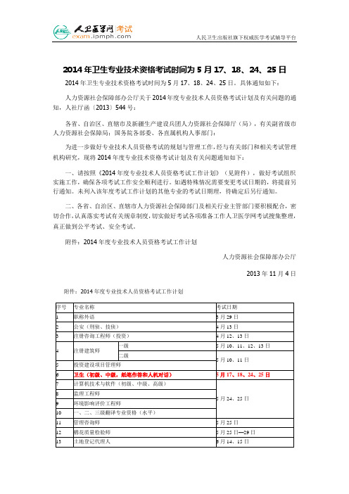2014年卫生专业技术资格考试时间确定