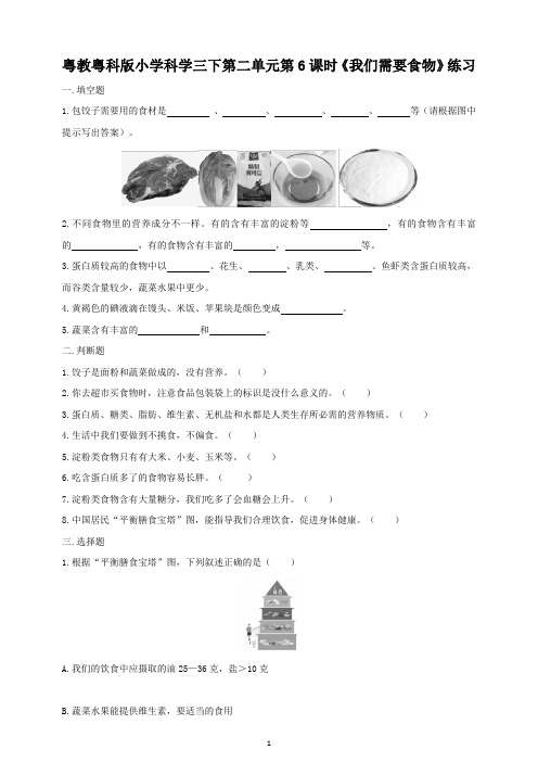 粤教粤科版小学科学新版三年级下册科学第二单元第6课时《我们需要食物》练习