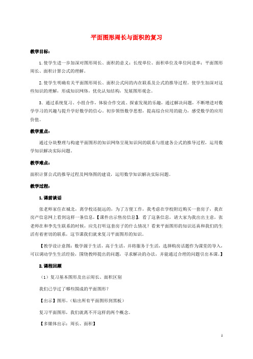 六年级数学下册 平面图形周长与面积的复习教案 苏教版