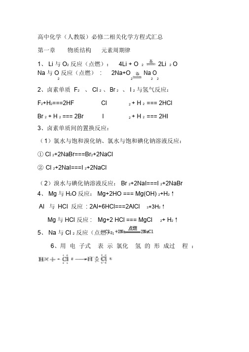 高中化学必修二方程式总结