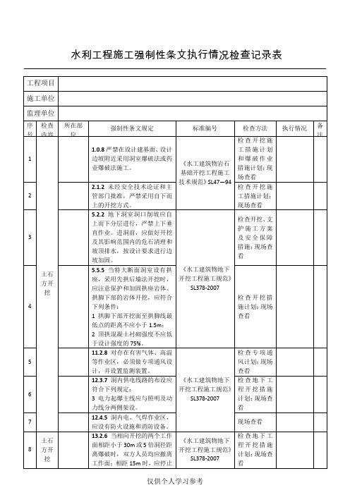 工程施工现场强制性条文执行情况检查记录表