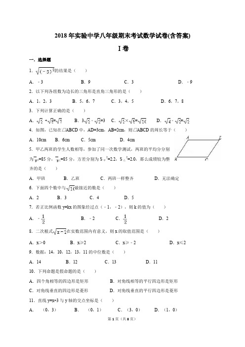 2018年实验中学八年级下学期期末考试数学试卷(含答案)