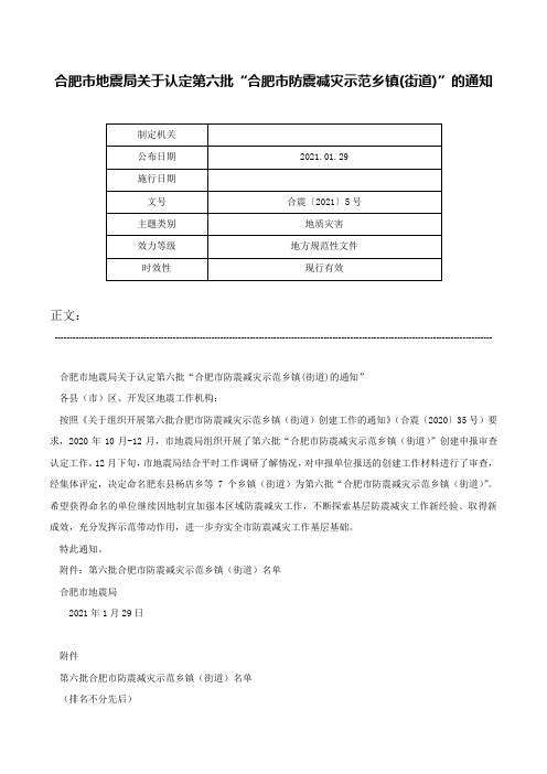 合肥市地震局关于认定第六批“合肥市防震减灾示范乡镇(街道)”的通知-合震〔2021〕5号