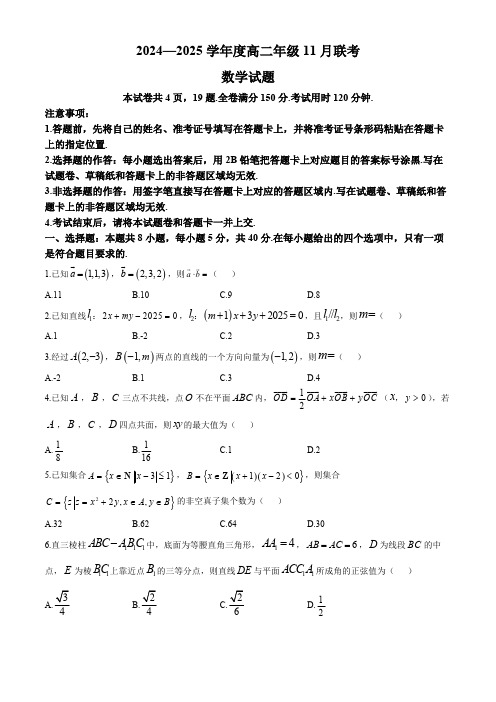 广东省部分学校2024-2025学年高二上学期11月期中联考数学试题