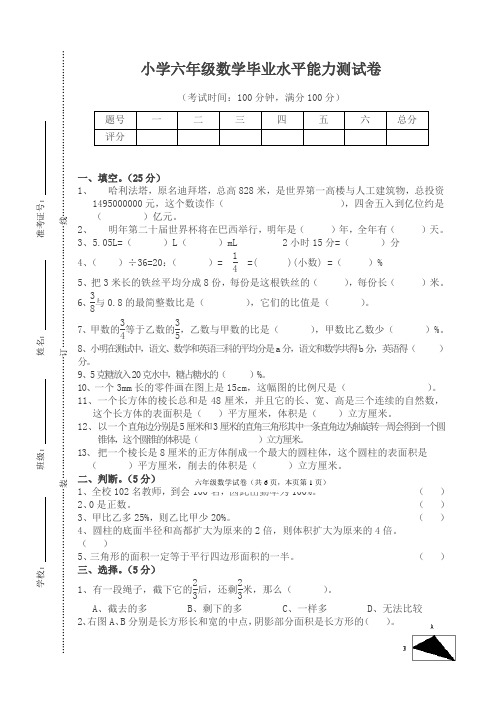 小学六年级数学毕业水平能力测试卷及答案