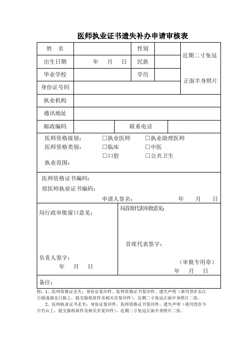 医师执业证书遗失补办申请审核表