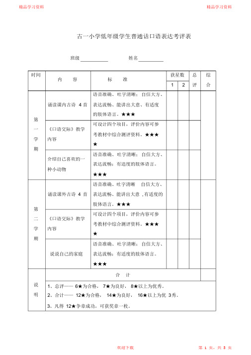 古一小学低年级学生普通话口语表达考评表