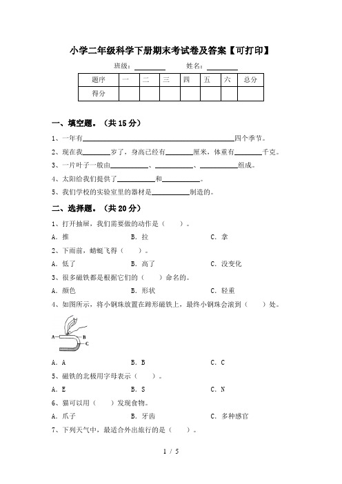 小学二年级科学下册期末考试卷及答案【可打印】