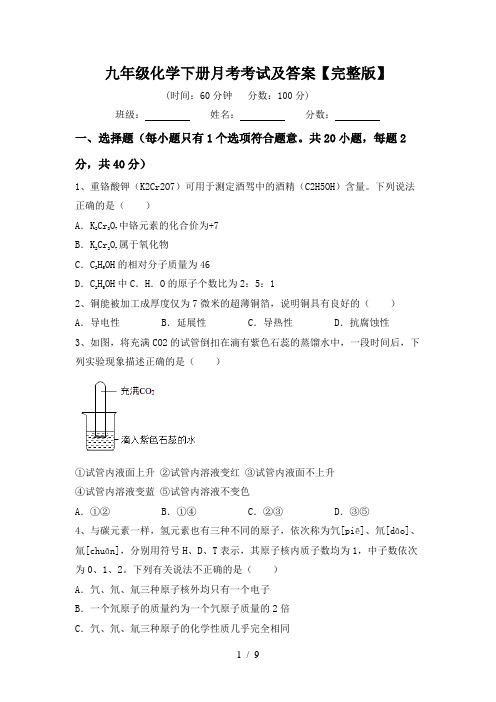 九年级化学下册月考考试及答案【完整版】