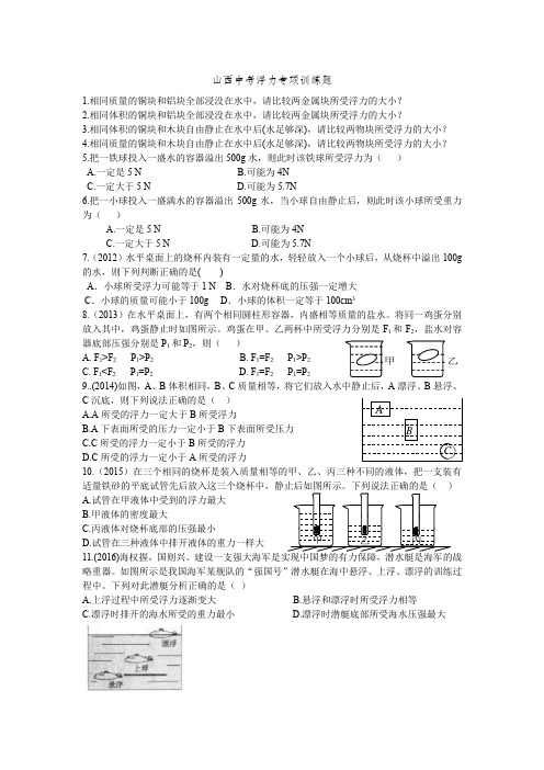 2021年山西中考总复习人教版物理浮力专项训练