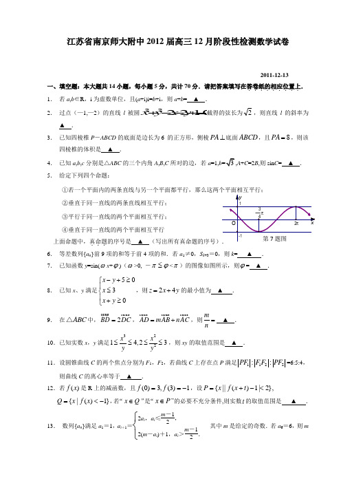 江苏省南京师大附中2012届高三12月阶段性检测数学试卷