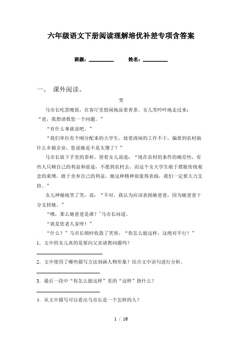 六年级语文下册阅读理解培优补差专项含答案