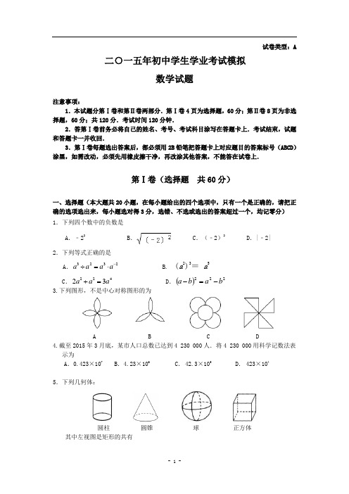 泰安市2015届九年级中考数学样题