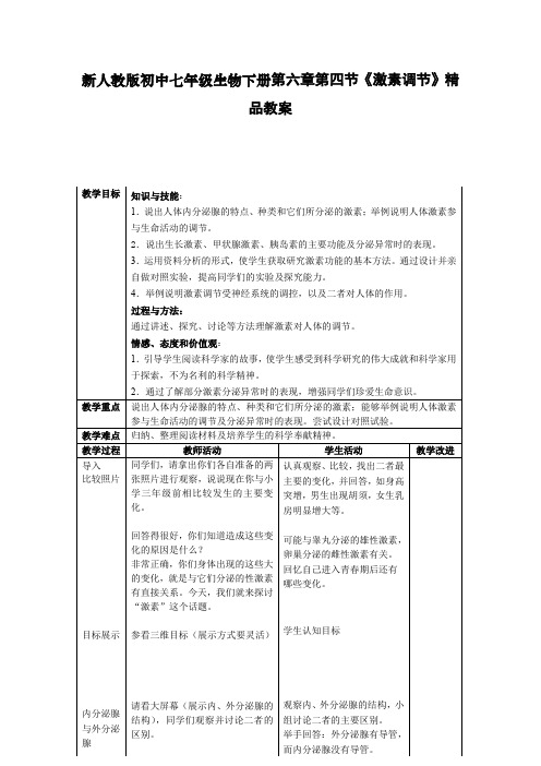 新人教版初中七年级生物下册第六章第四节《激素调节》精品教案