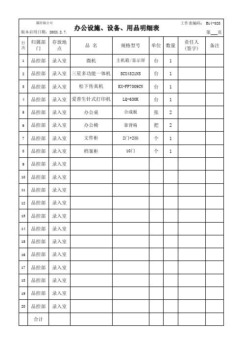 公司办公(设施、设备、用品)明细表