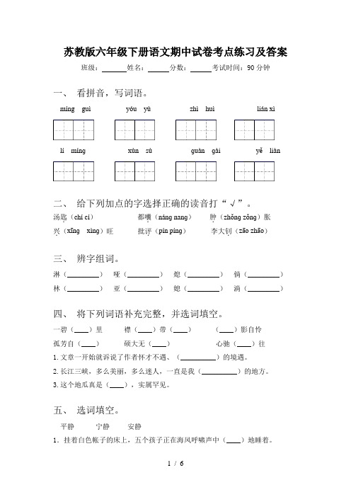 苏教版六年级下册语文期中试卷考点练习及答案