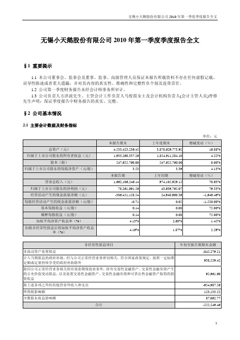 小天鹅A：2010年第一季度报告全文 2010-04-23