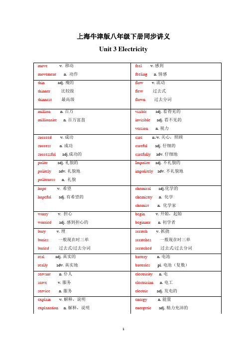 上海牛津版八年级下册Unit3 Electricity 同步讲义 解析版