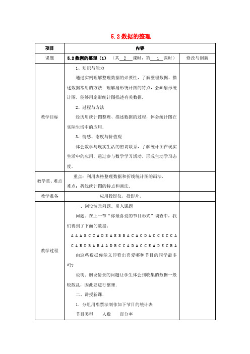 2017年秋季新版沪科版七年级数学上学期5.2、数据的整理教案1