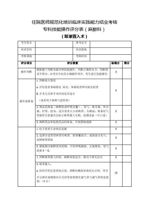 住院医师规范化培训临床实践能力结业考核专科技能操作评分表(麻醉科)喉罩置入术