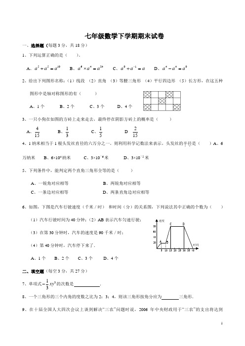 最新北师大版数学七年级下册期末考试试卷及答案(2019)