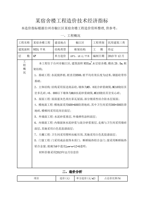 宿舍楼工程造价技术经济指标