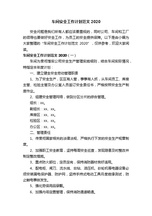 车间安全工作计划范文2020