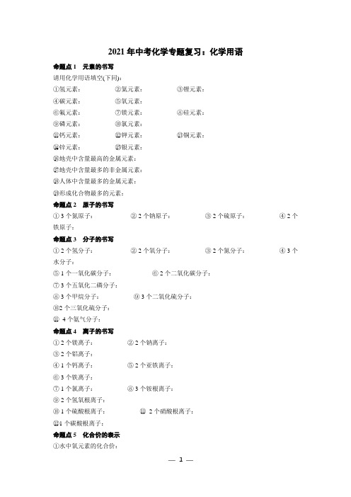 2021年中考化学专题复习：化学用语