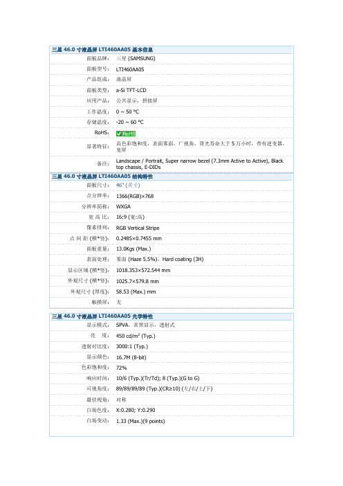 三星46寸液晶屏LTI460AA05详细参数及规格