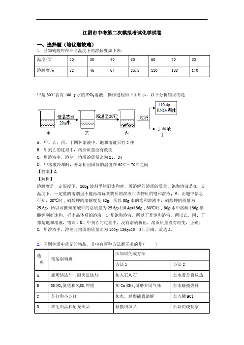 江阴市中考第二次模拟考试化学试卷